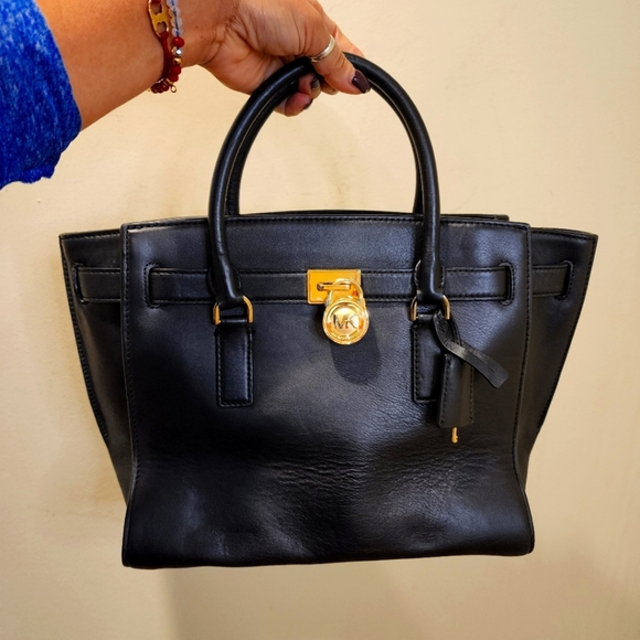 Michael Kors Hamilton Black Leather Satchel Bag  with Gold Hardware - Picture 1 of 15